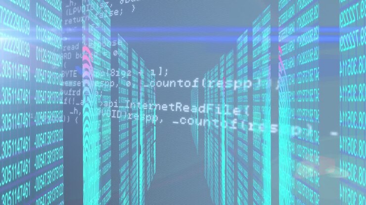 Animation of light trails over data processing on black background