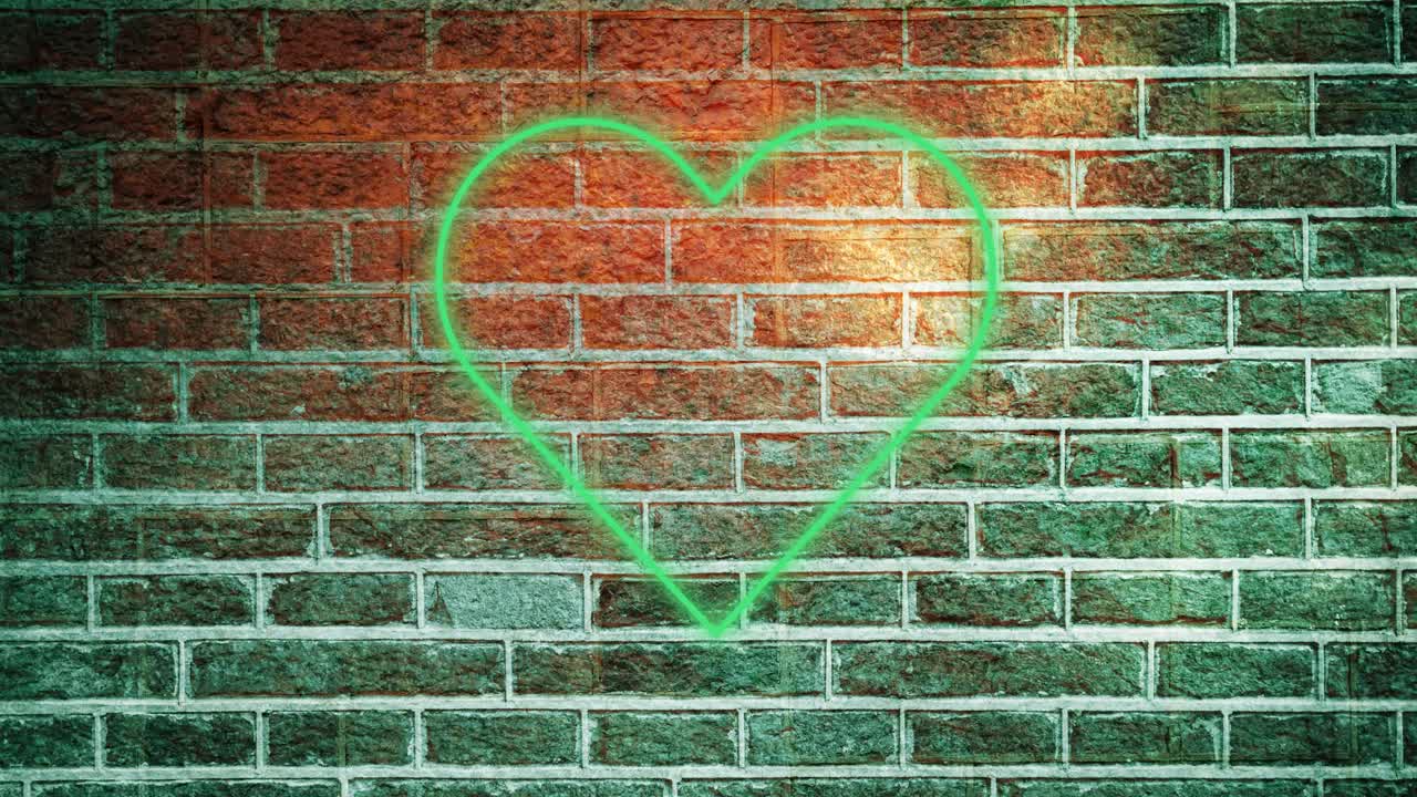 animación del icono del corazón de neón brillante en la pared de ladrillo