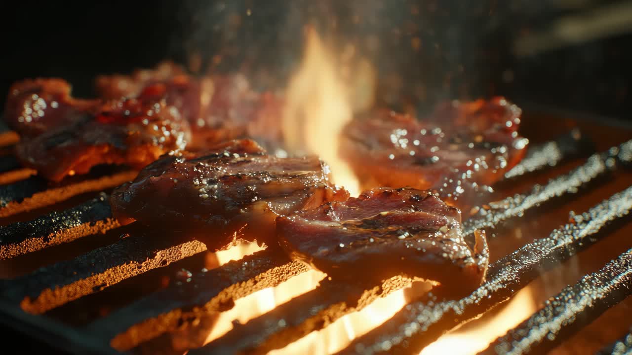 Primo piano video di carne che sfrigola su una griglia, che cattura le ricche consistenze e le fiamme.