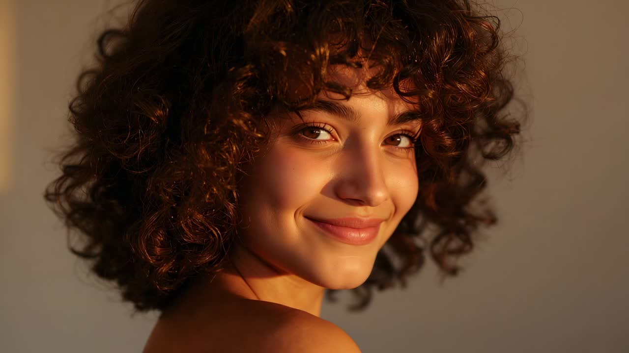 Modelo sorrindo e olhando para a câmera após o comando, posando em estúdio com luz quente para retrato