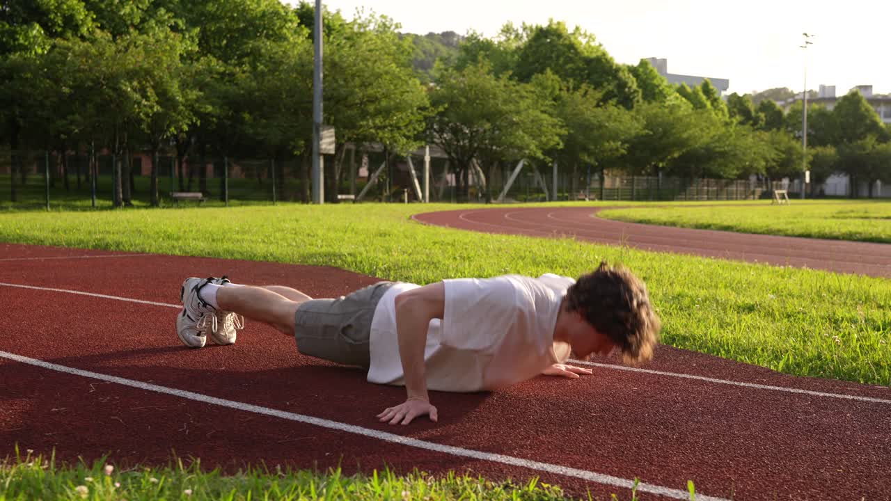 Man Doing Push-Ups on a Running Track