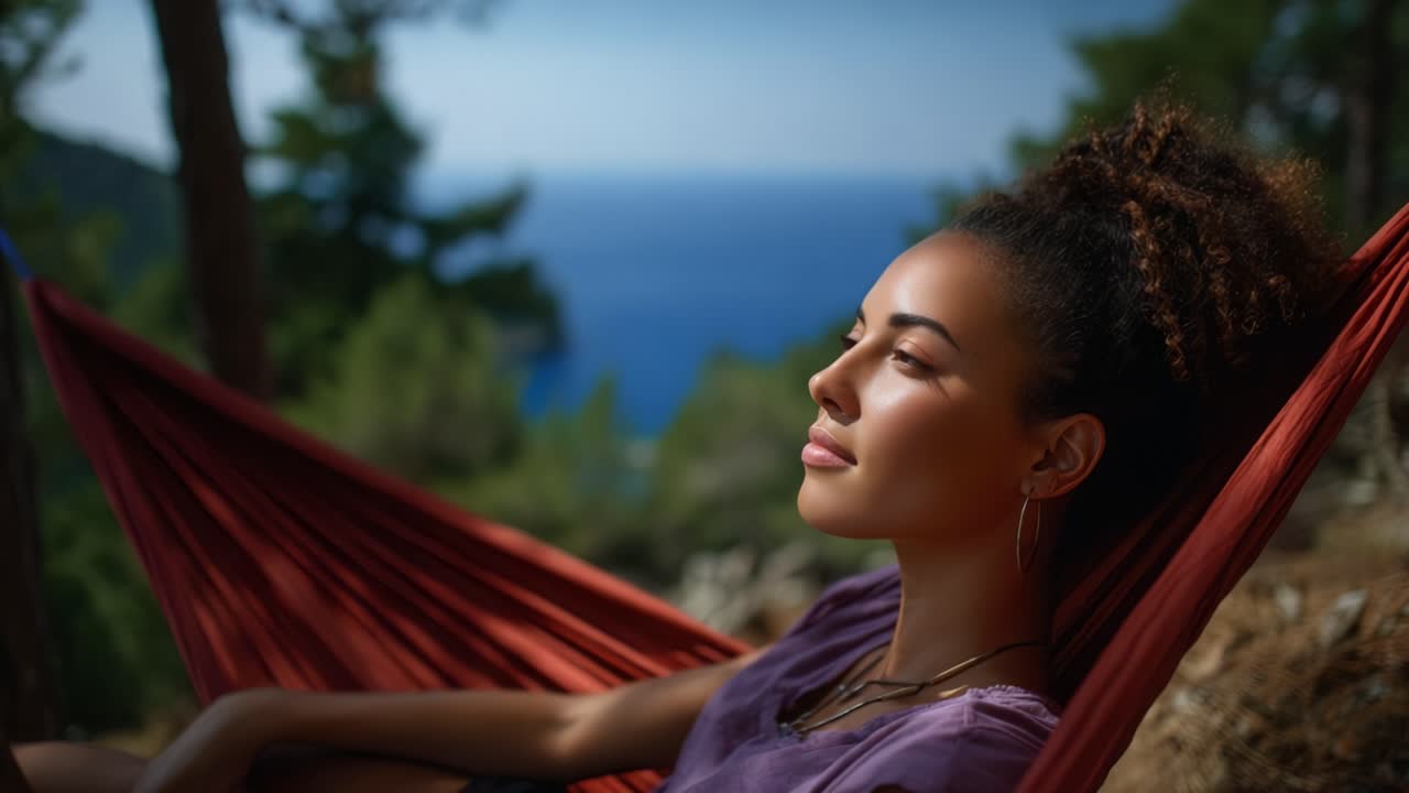 Serenidade na Natureza: Uma Jovem Mulher Relaxando em uma Rede com uma Vista Cênica do Oceano, Abraçando a Tranquilidade ao Ar Livre