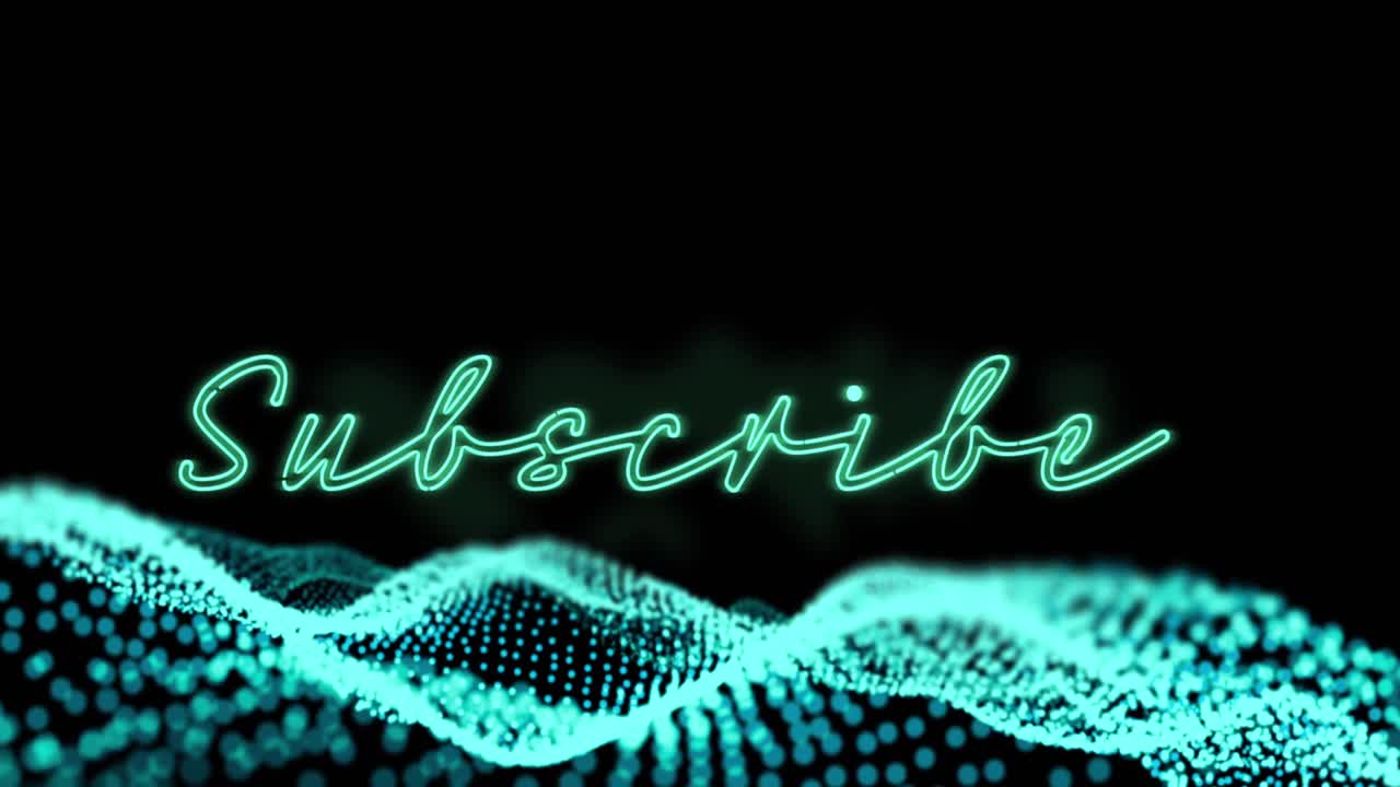Animation of neon subscribe text over abstract waving mesh with blue spots