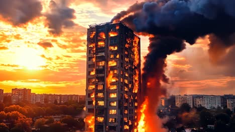 a tall building on fire with smoke billowing out of it