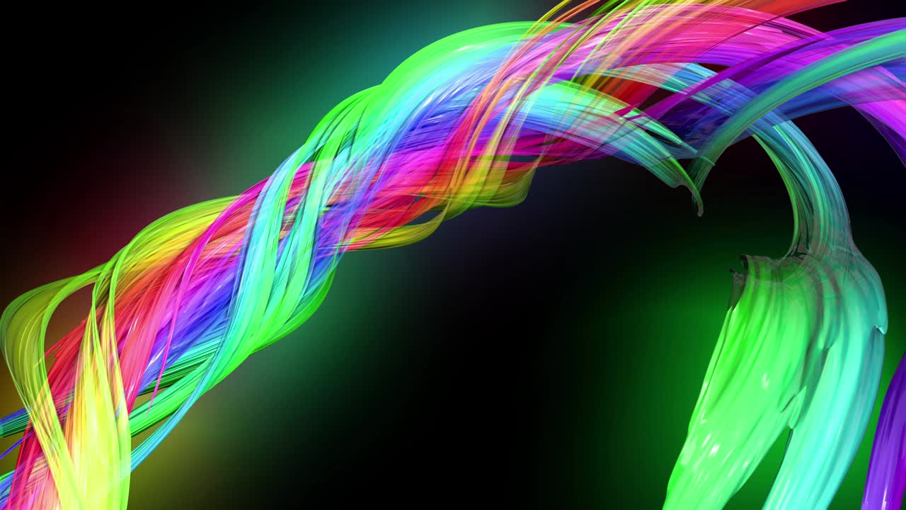 transparent colored lines with a neon glow on a black background. Motion graphics 3d looped background with multicolor colorful rainbow ribbons. Beautiful seamless background in motion design style 38