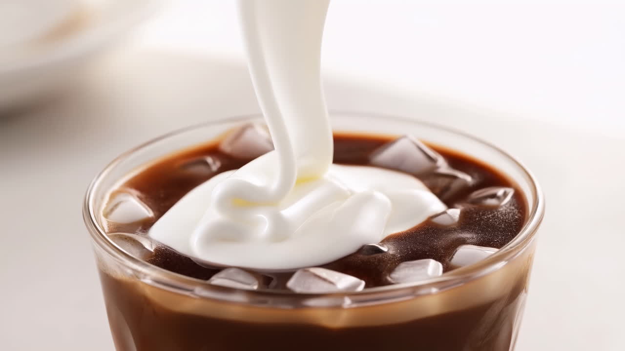 Caffè freddo guarnito con panna versata, cubetti di ghiaccio visibili, spirale cremosa su espresso scuro, lucido.