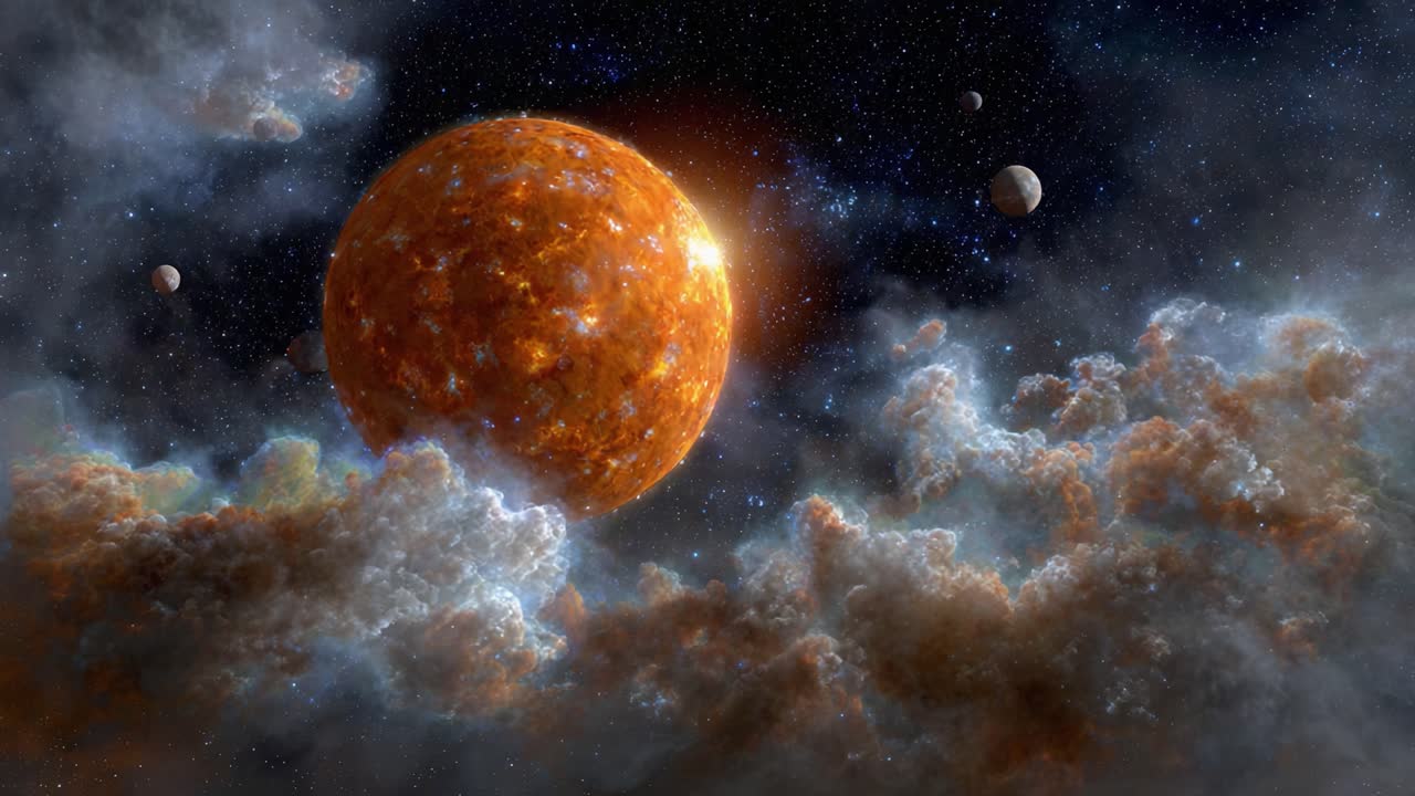 A Brilliant Celestial Scene Featuring an Orange Planet Surrounded by Twinkling Stars and Clouds, Capturing the Mystique of the Universe in Stunning Detail