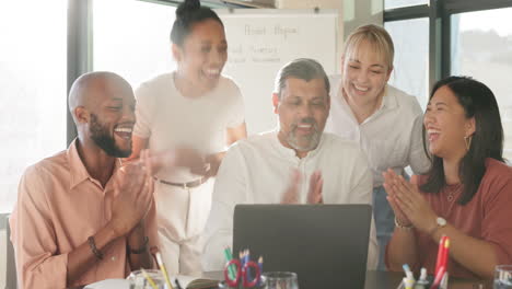 applause, success and business people with a stock