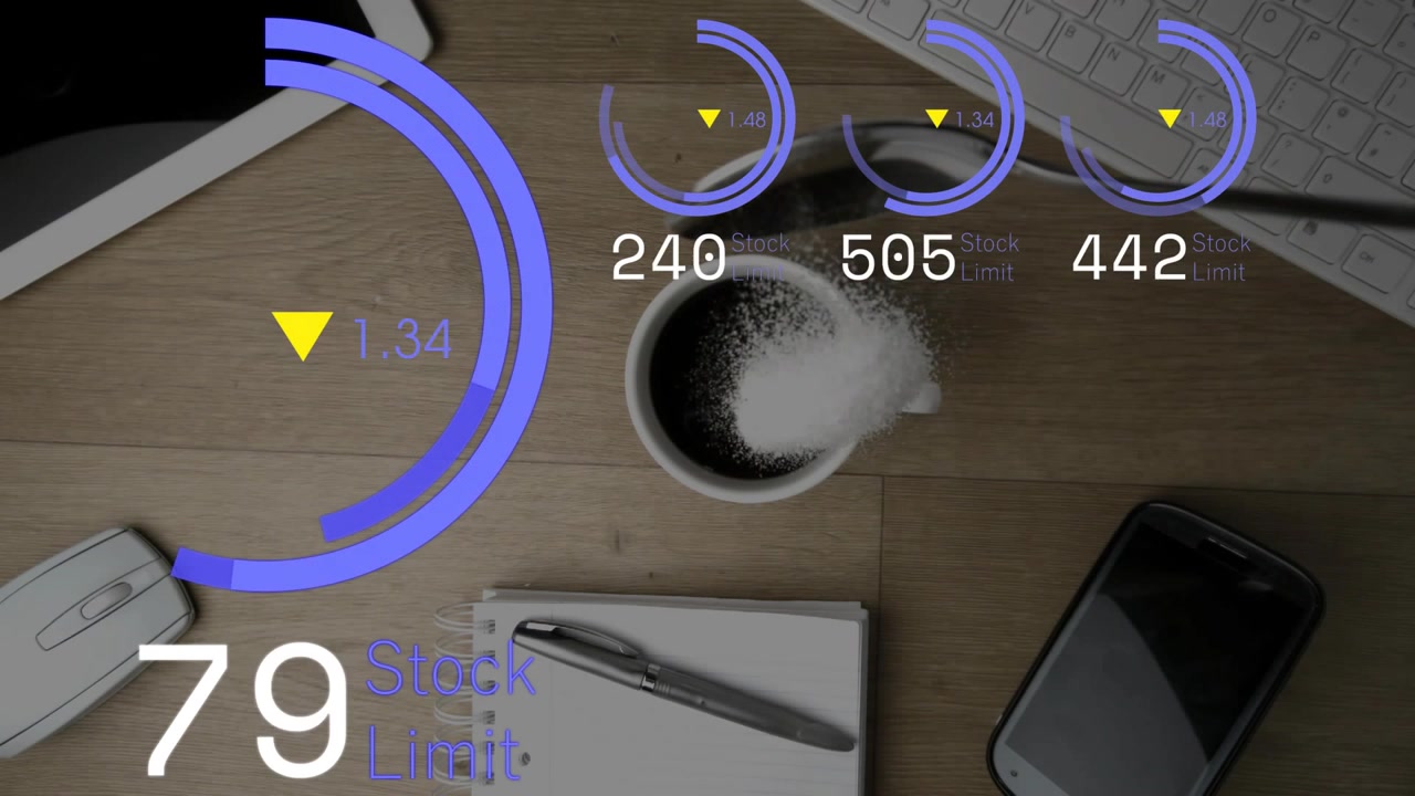 Vertical video: Spoon tipping, pouring sugar into mug, HUD rings and stock limit rising for finance
