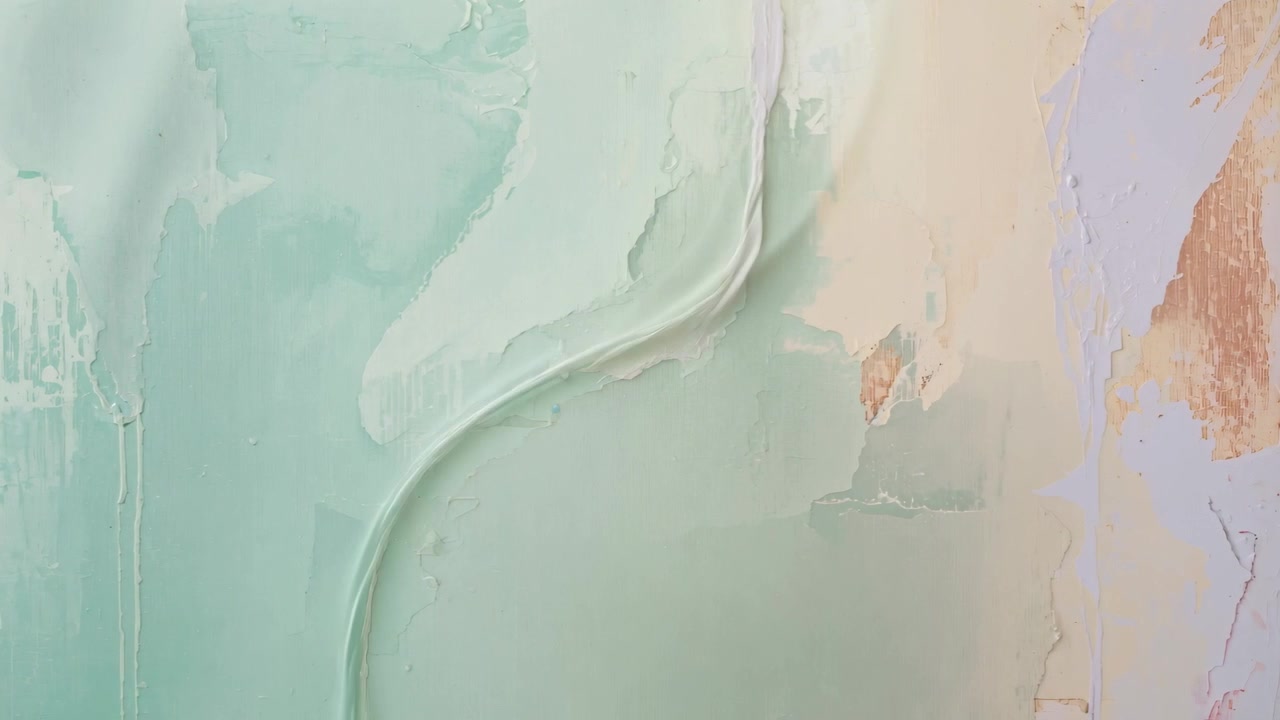 Sculpting palette knife contacting painted panel at studio, smoothing mint-green paint layers