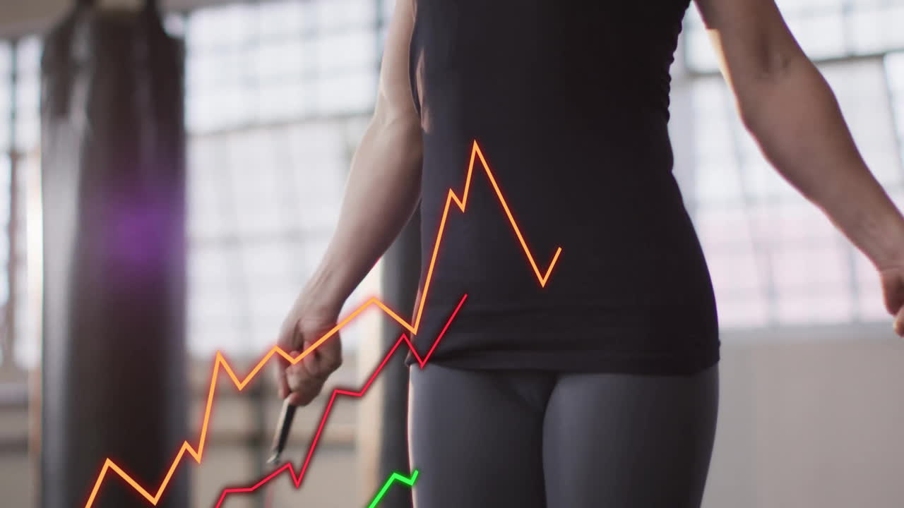 Exercising with jump rope, person overlaid with fluctuating stock market animation