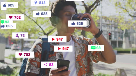 animación de iconos de las redes sociales sobre un hombre afroamericano bebiendo café usando un teléfono inteligente en la calle