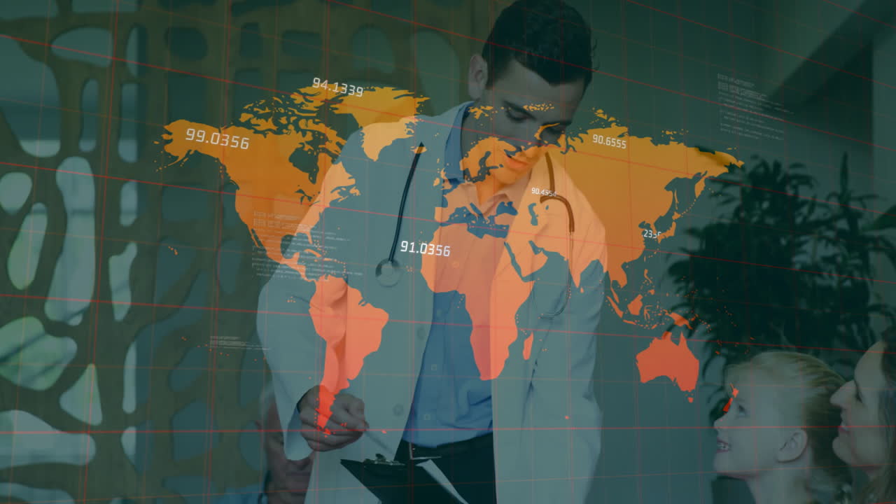 Doctor consulting patient with global map and data overlay animation