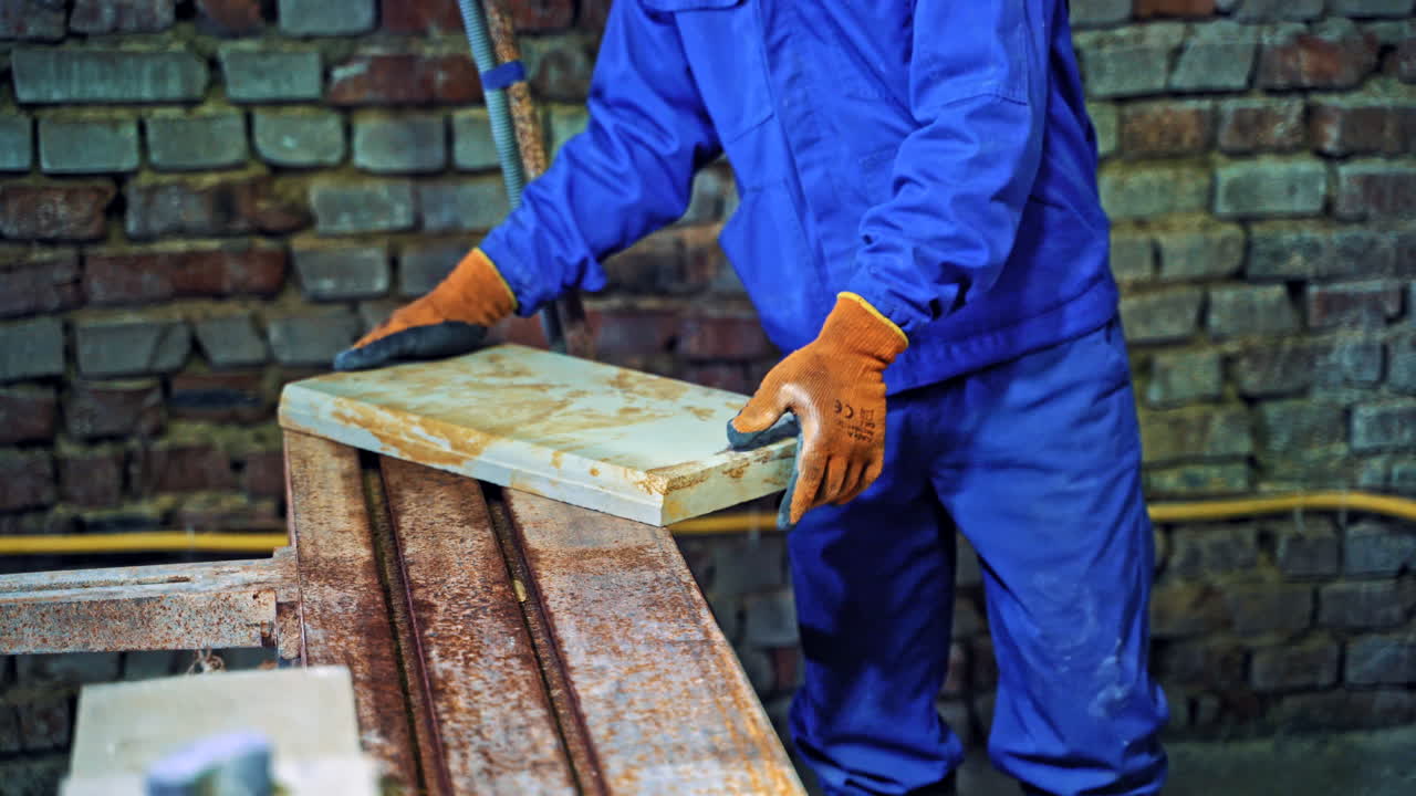 Male worker at stone factory. Industrial worker at factory on granite manufacturer