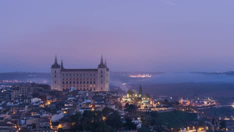 Picturesque-scenery-of-ancient-town-with-palace-in-morning-fog