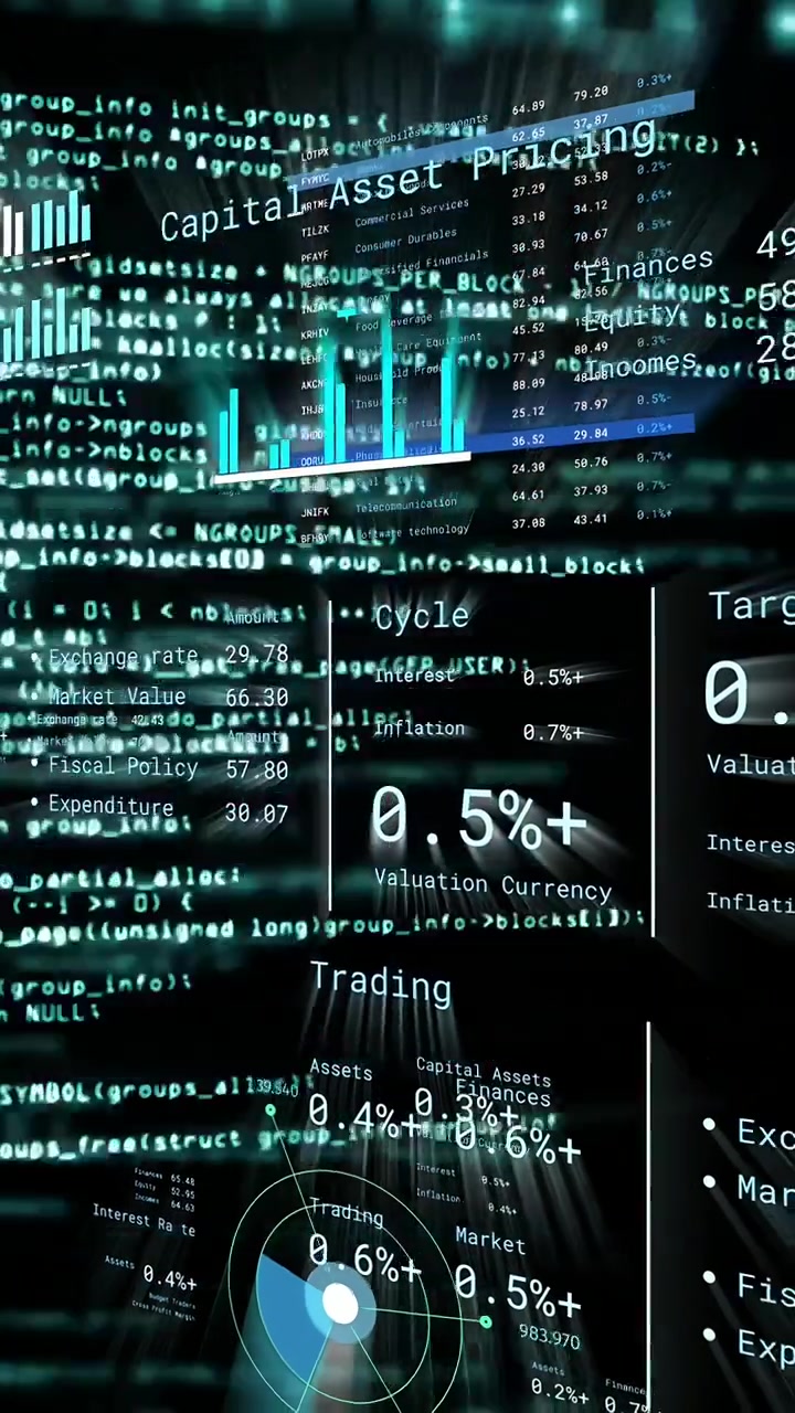 Vertikal video: Kode driver 3D finans-HUD som oppdaterer stolper, ringer og målinger som viser markedsdata.