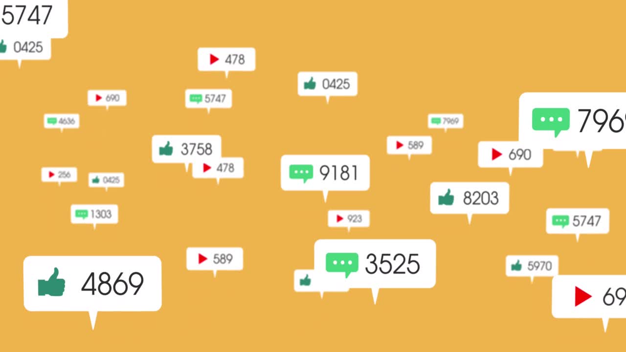 노란색 배경에서 소셜 미디어 데이터 처리의 애니메이션