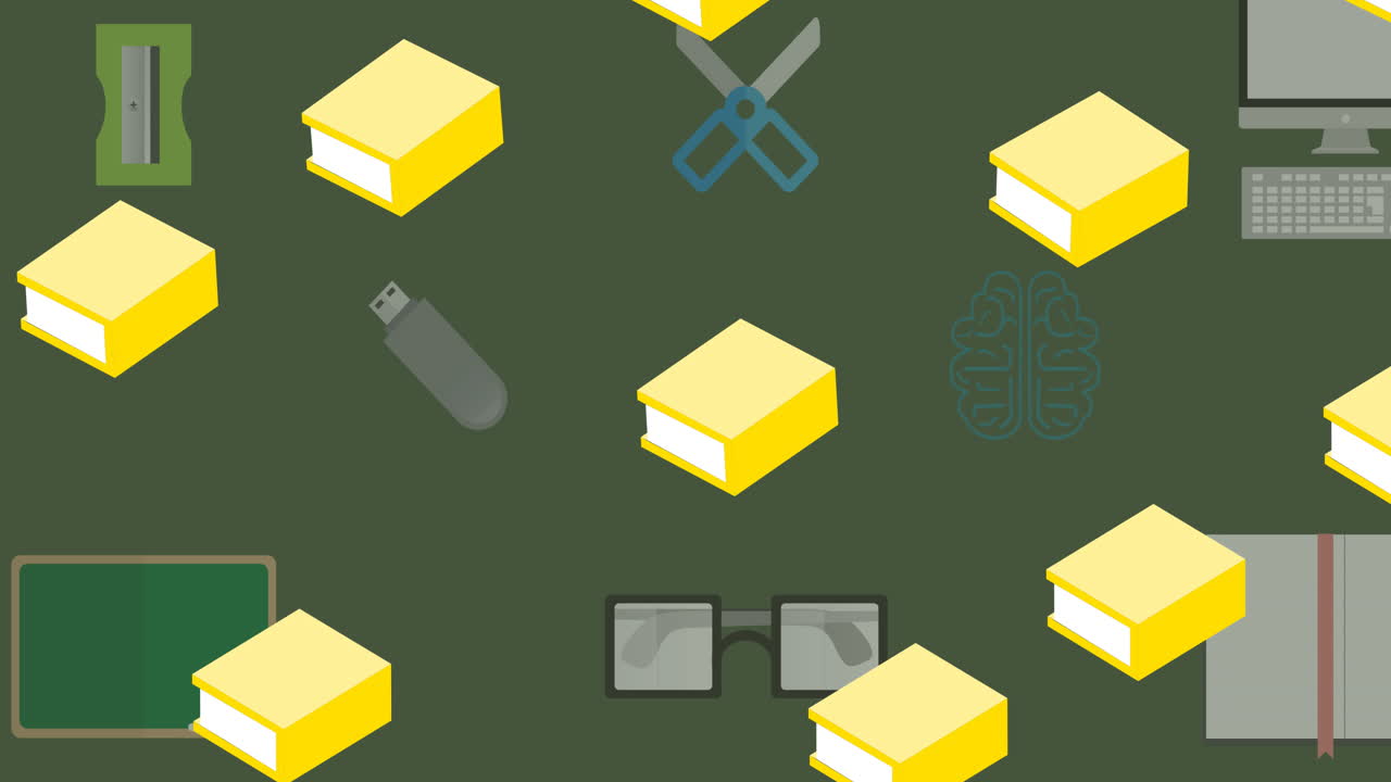 반복되는 노란색 책의 애니메이션이 초록색 칠판에 있는 학교 장비 아이콘 위로 움직입니다.
