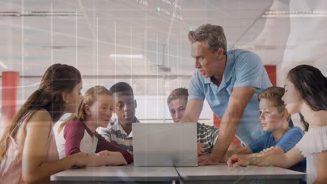 animation of stock market data processing over caucasian male teacher teaching students at school