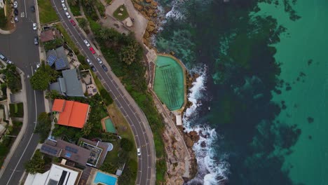 top view of bronte baths and coastal road of calga place at the oceanfront of bronte beach in new south wales, australia