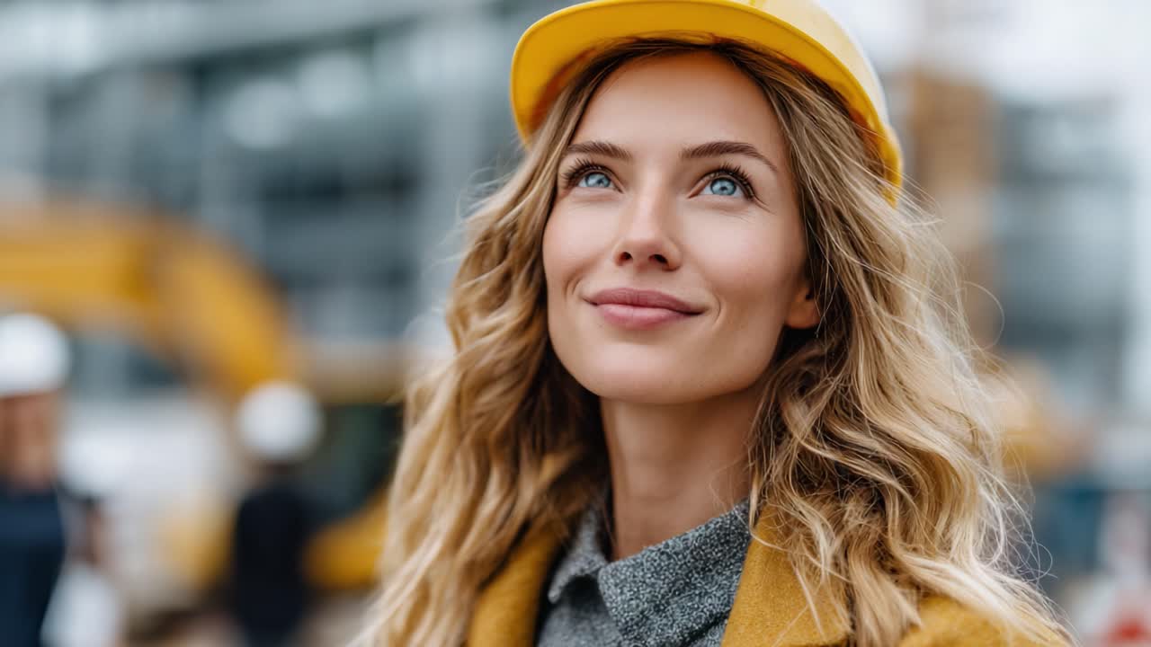 A Confident Woman in a Hard Hat Gazes Optimistically at a Construction Site, Embracing Her Role in an Empowering Environment for Women in Engineering and Construction