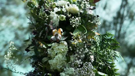 beautiful flower arrangement display at the wedding in a peaceful environment - close up shot