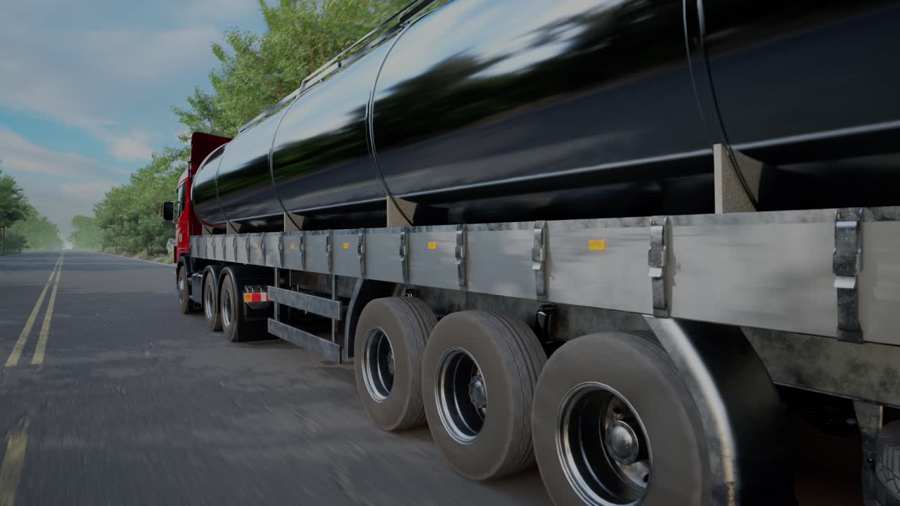 Gasoline Tanker Truck On Asphalt Road. Fuel Semi Truck Fast Driving On Straight Freeway In Countryside Dense Forest At Summer Sunset