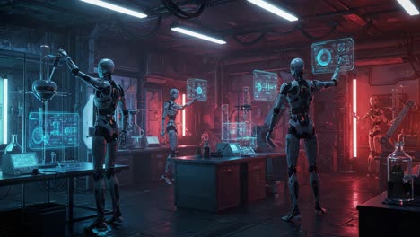 a futuristic laboratory scene featuring advanced robotic beings conducting experiments, with illuminated interfaces displaying data and vibrant lighting accents creating a captivating atmosphere