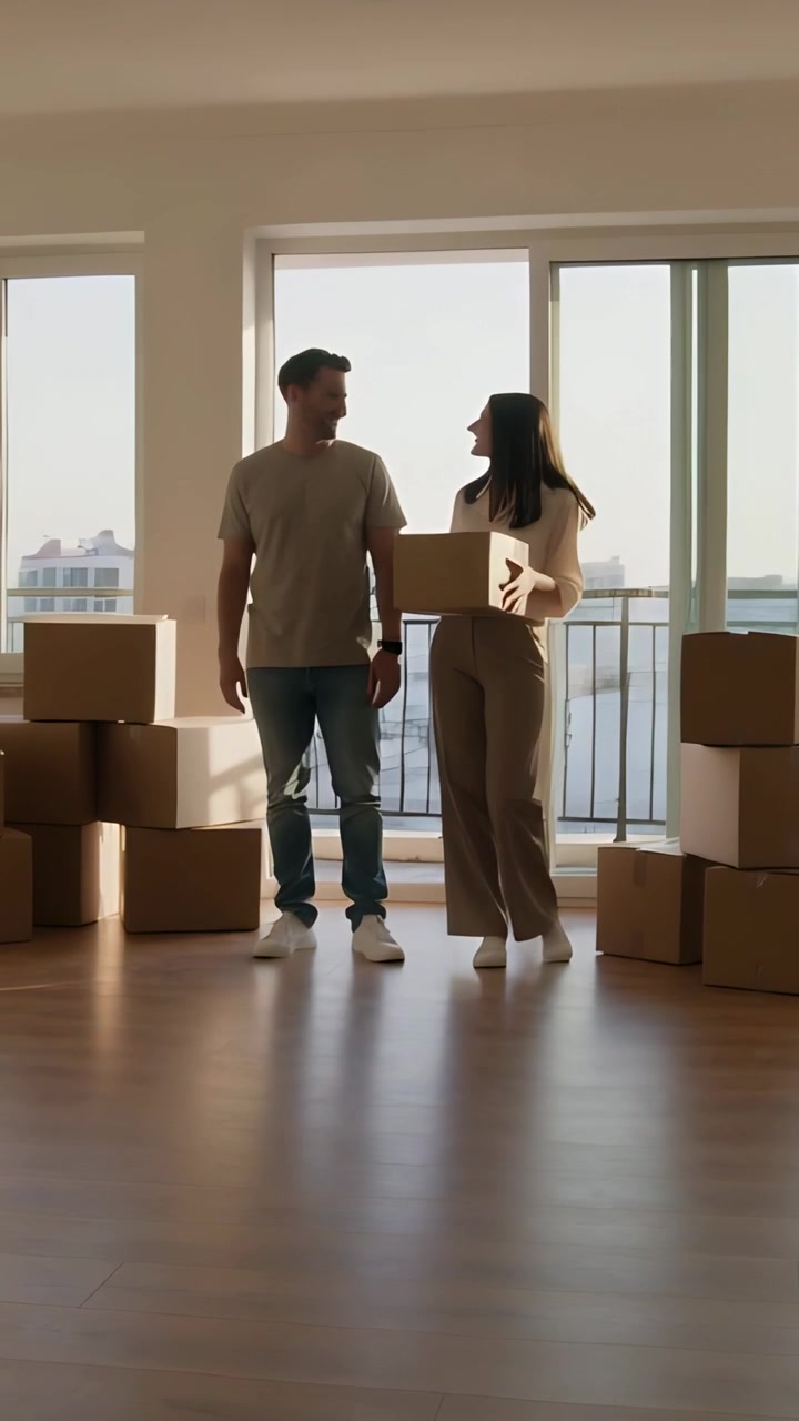 Video vertical: Mudanza a un apartamento, pareja en zapatillas apilando cajas junto a puertas corredizas, vista a la bahía.