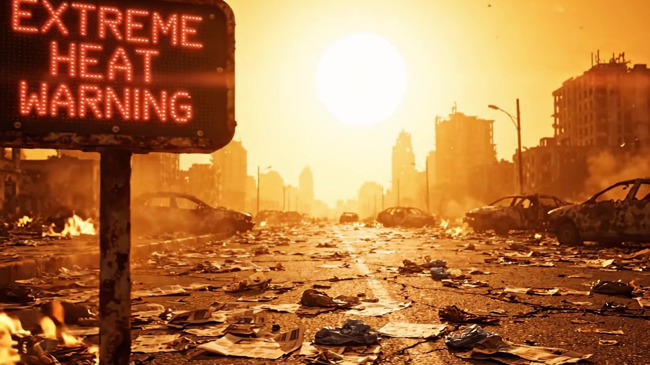 Dystopian Urban Landscape Under Extreme Heat: A Foreboding Scene of Abandoned Cars and Rampant Flames Amidst a Setting Sun