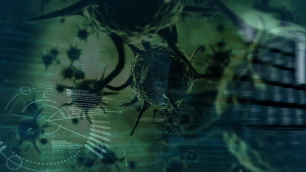 animación del procesamiento de datos con escaneo de alcance sobre las células del virus