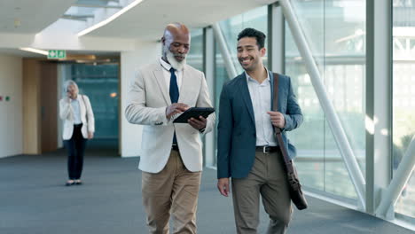 business team, tablet and men in conversation