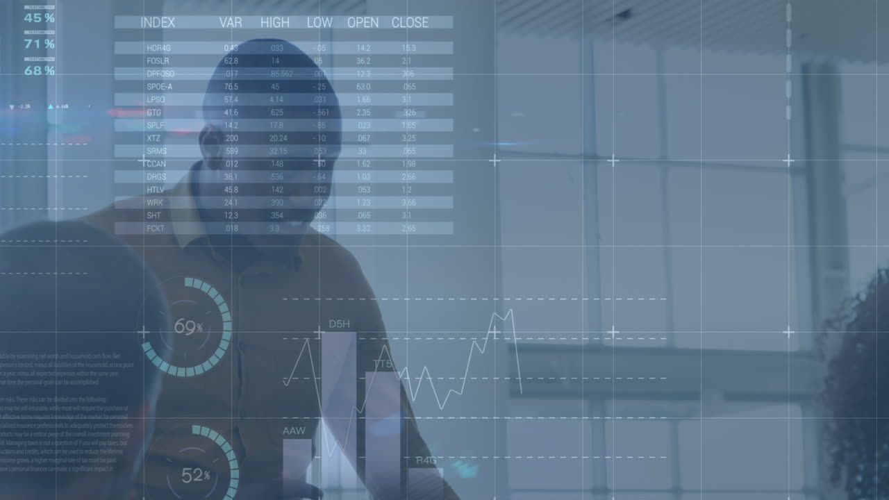 Animation of financial data and graphs over happy diverse businesspeople talking in office