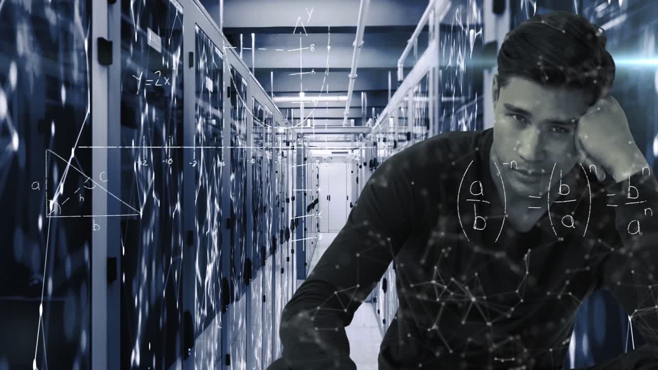 ecuaciones matemáticas sobre el retrato de un hombre en un servidor de computadora.