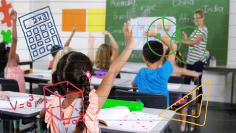 animación de iconos escolares sobre los niños de la escuela en el aula