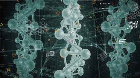 animation of dna network of connections and molecules over data processing on black background