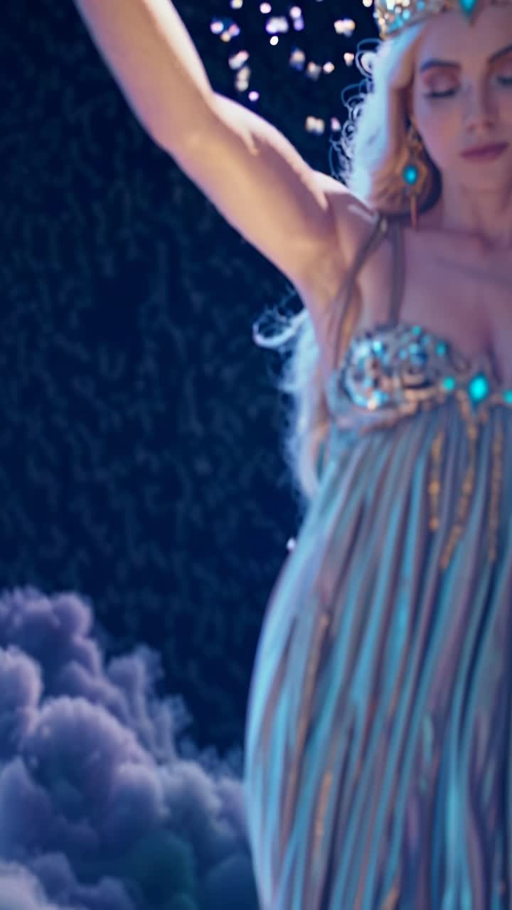 A dreamy, ethereal video scene with a low-angle shot of a woman in a flowing, jeweled gown, set