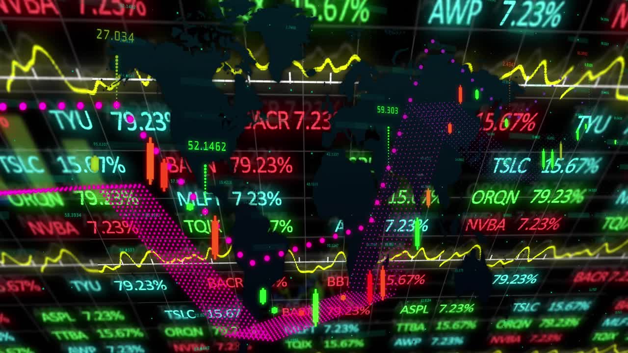 Animazione di schermo digitale con dati finanziari e grafici