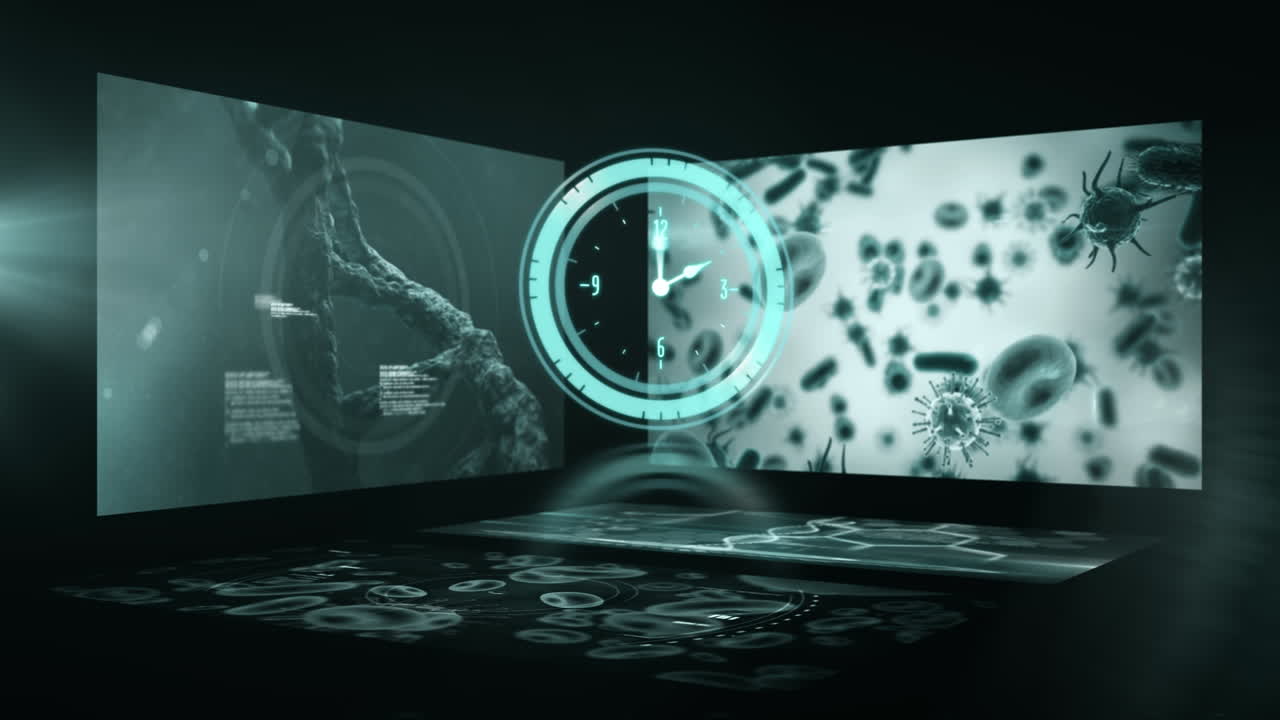 animación del procesamiento de datos y el reloj sobre fondo negro