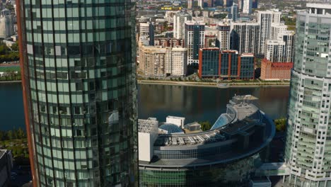 aerial view of modern city buildings and river