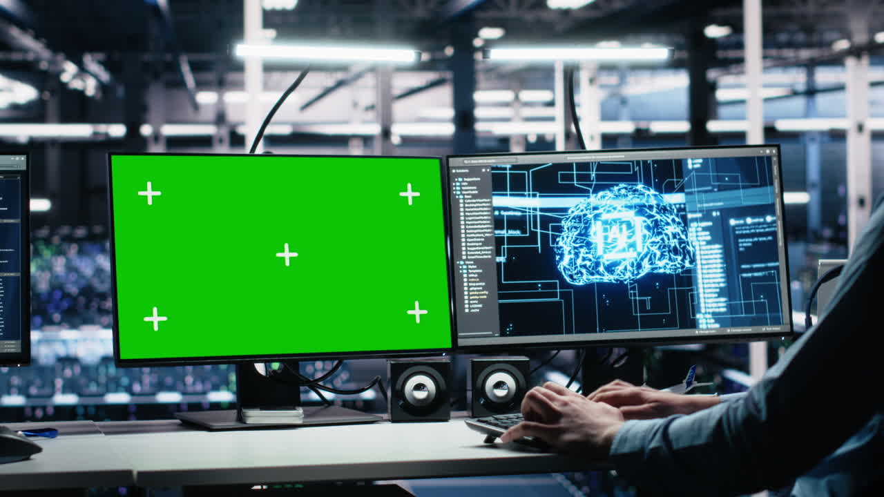 Data Center Engineer Using Machine Learning Algorithms On Green Screen Pc