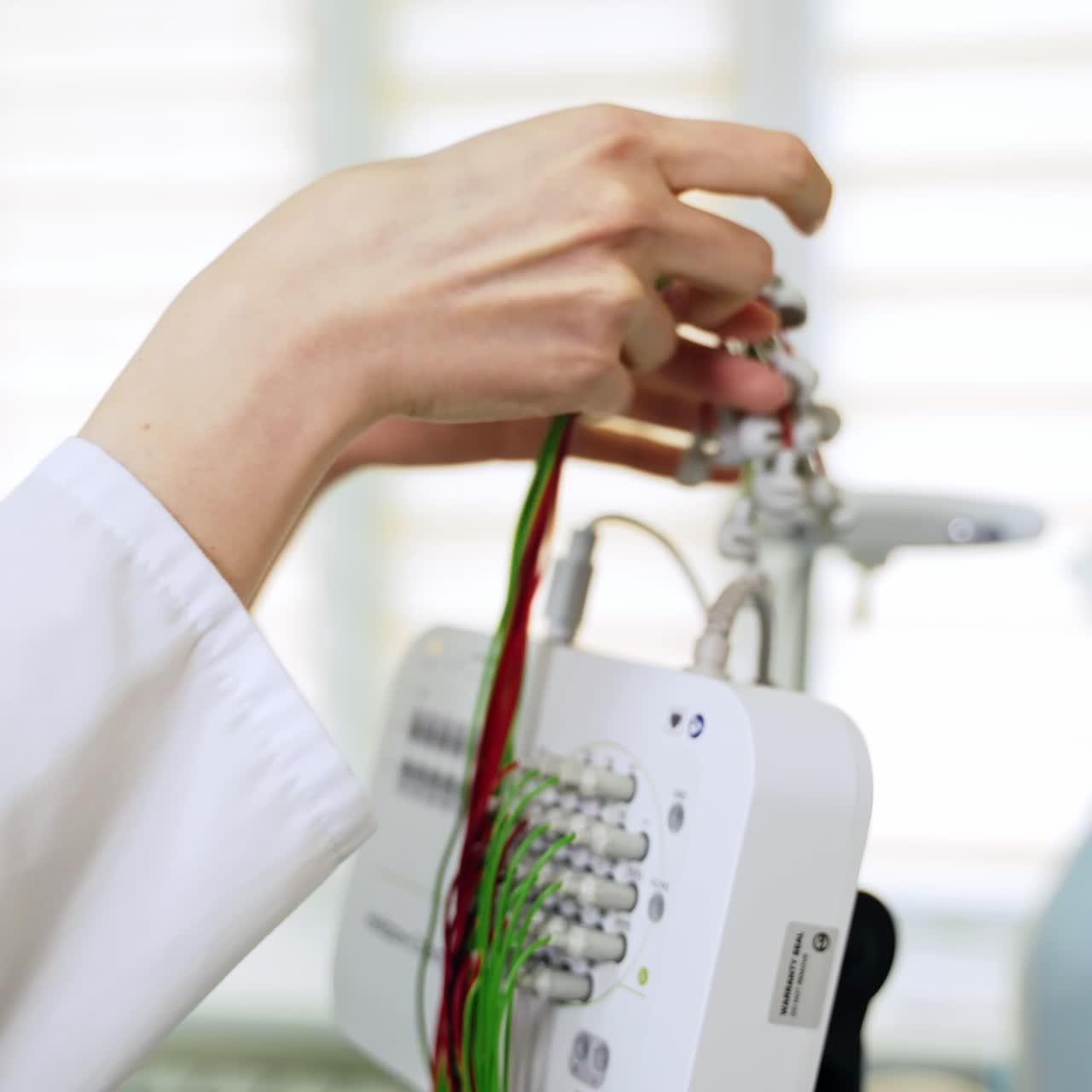 Unrecognized female medic in white coat takes the sensors of electroencephalographic equipment. Neurologist preparing electrodes for the patient's examination. Close up