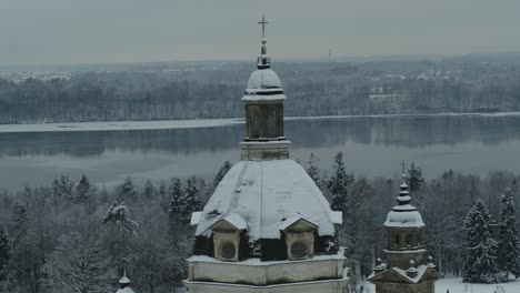 Aerial-view-of-Pažaislis-Monastery-towers-in-winter-time