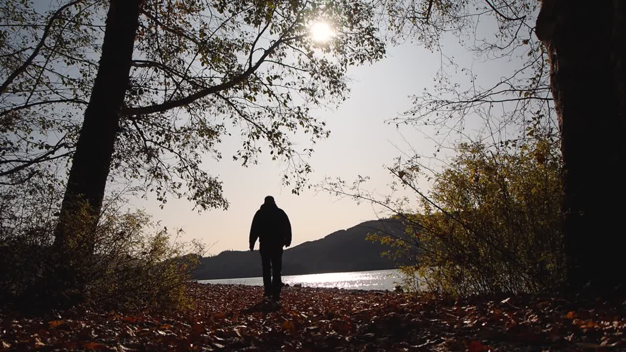Silhouette of man walking to shore of lake through tress with sun and mountains in background