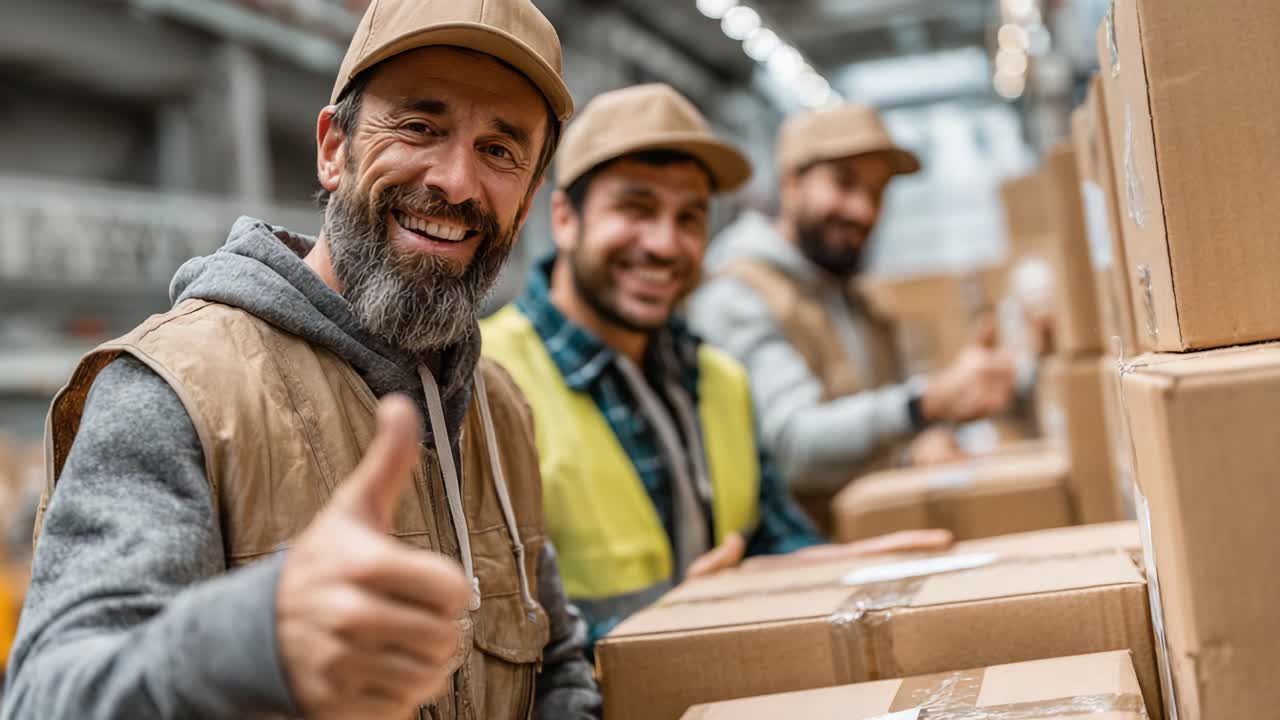 Warehouse Workers Demonstrating Team Spirit and Hard Work: Smiling Employees Show Appreciation While Handling Packages in a Busy Work Environment