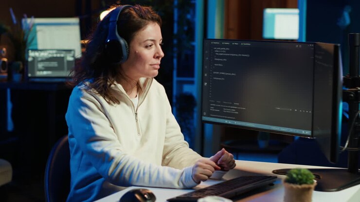 Kvinde lytter til musik, mens hun udfører softwarekvalitetssikring