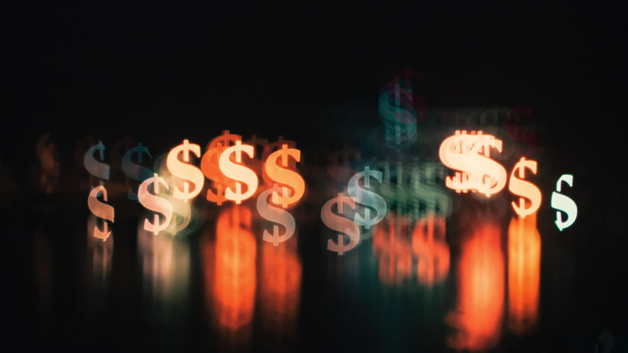 signo de dólar, $, gráfico de movimiento 3d ilustración parpadeante, finanzas, dinero, efectivo, moneda, símbolo comercial y bancario, fondo oscuro