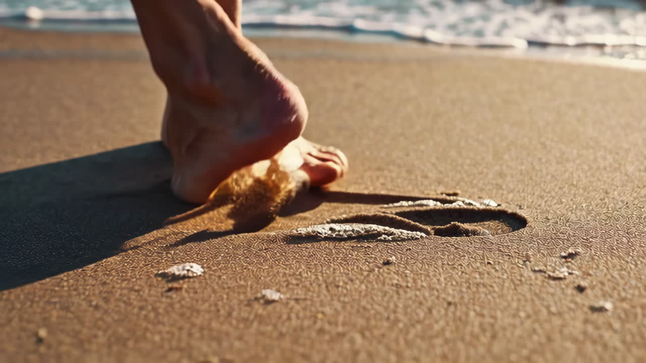 Barefoot on the Sandy Beach with Ocean Waves