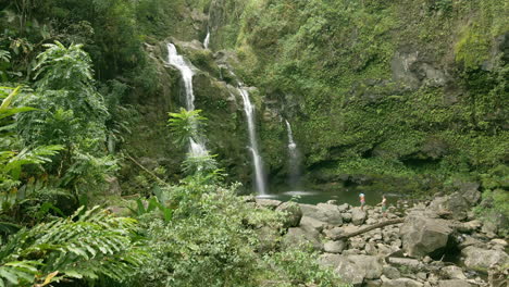 exuberante bosque tropical y cataratas waikani en el camino a hana trail, maui, estados unidos