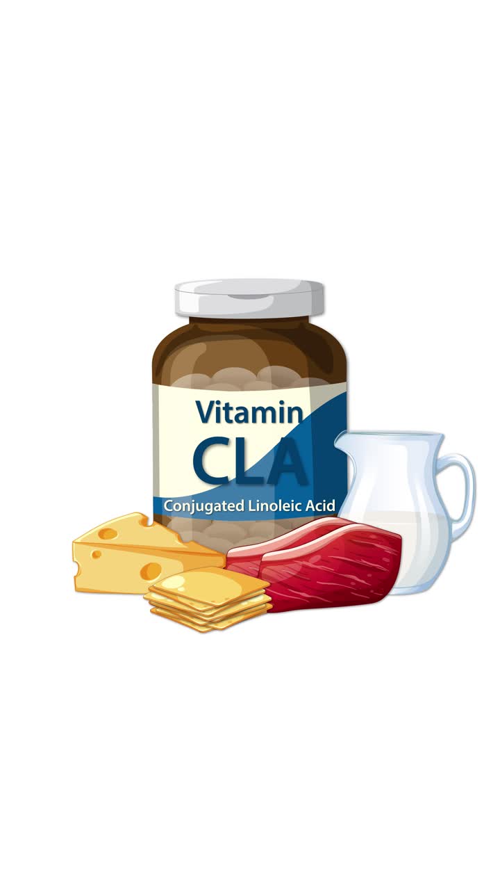 Il flacone di Vitamina CLA appare con illustrazioni di formaggio, carne, latte, transizioni fluide, sfondo bianco pulito